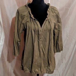 Loft Green Polka Dot Ruffle Collar Top Size Medium